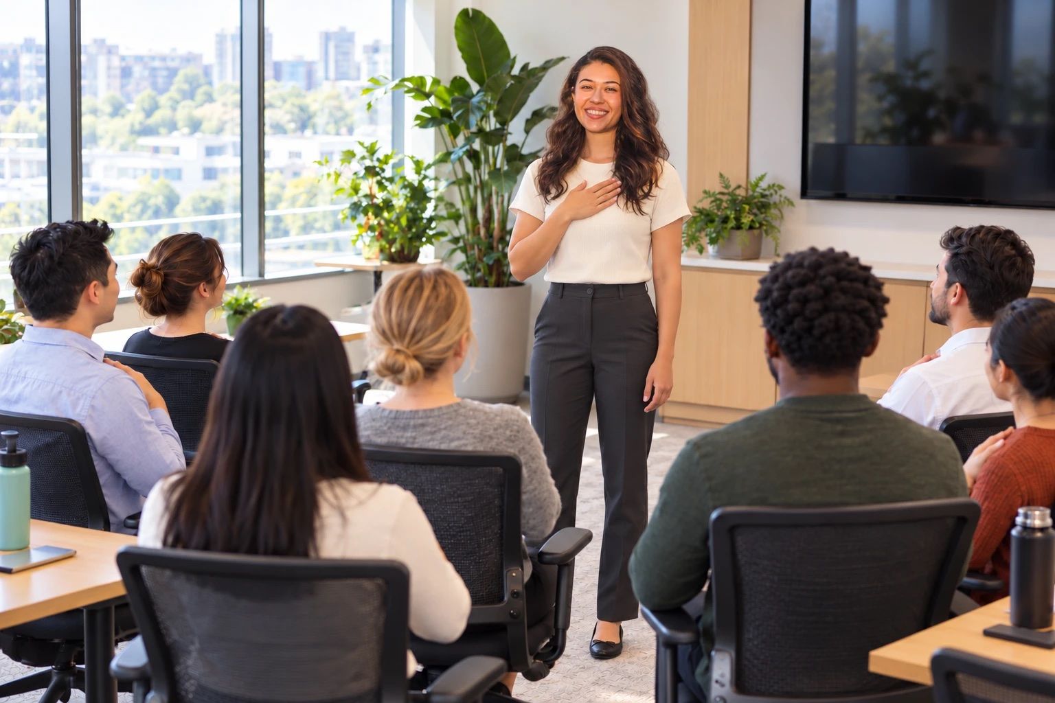 Brittany guiding a workplace team through a hand-on-heart practice in a bright office
